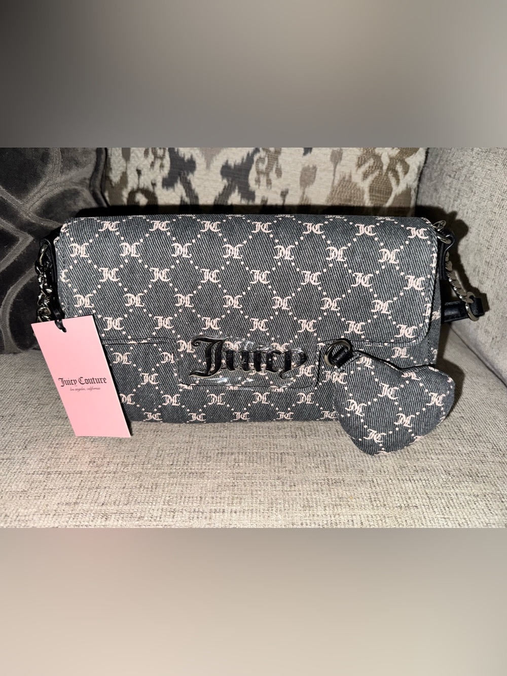 Juicy Couture Ash Black Clutch with Pink Sparkly Monogram Print